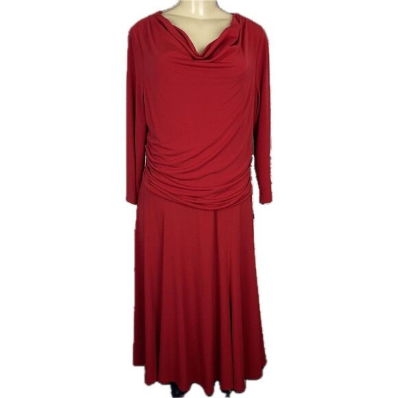 Simonton Says M Red Cowl Neck Ruched Waist Lined Top 3/4 Sleeve Midi Flare Dress - Picture 2 of 6